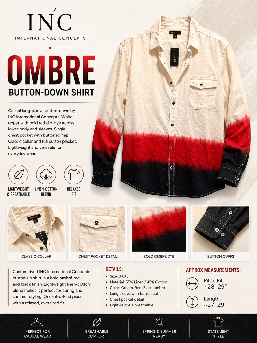 INC International Concepts White to Red Ombre Button-Down Shirt